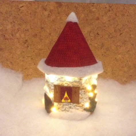 Zwischen dem geschmückten Weihnachtsbaum und dem ebenso verschönerten Busch blüht ein Weihnachtsstern im Fenster.